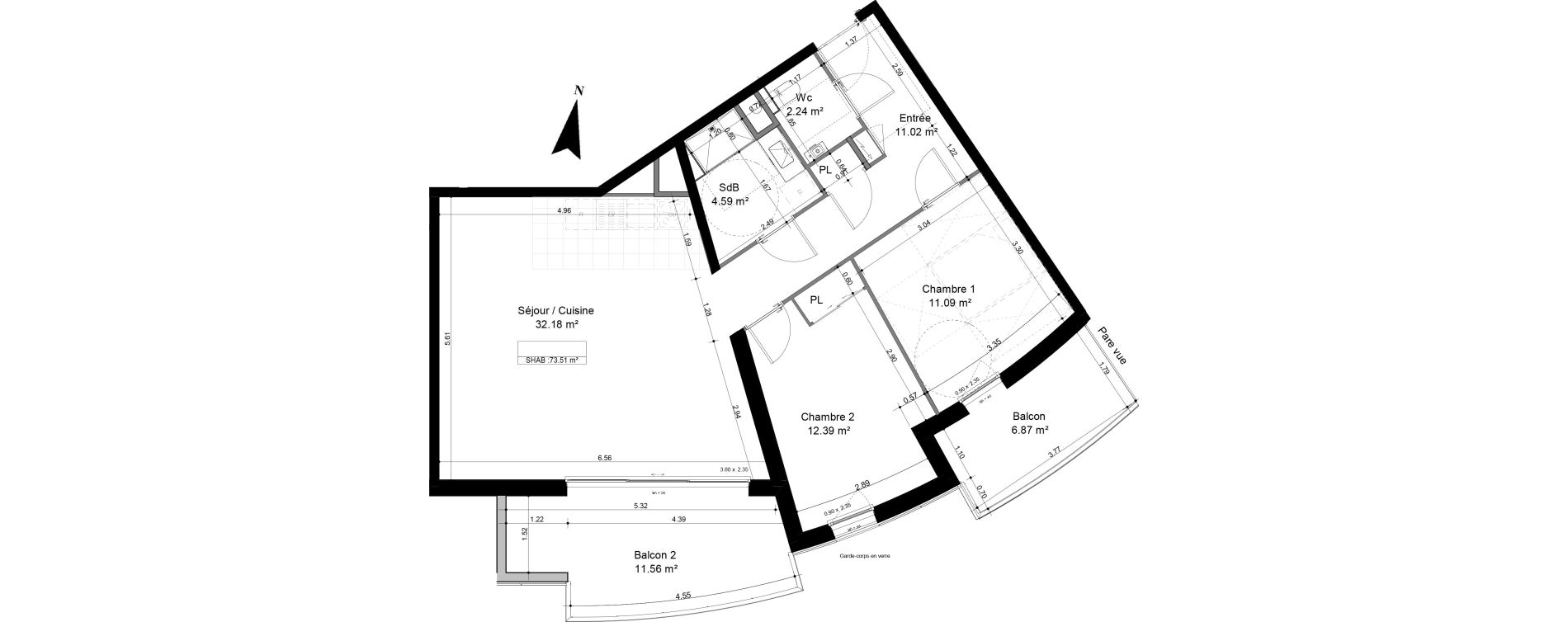 Appartement T3 de 73,51 m2 &agrave; Caen Pr&eacute;fecture