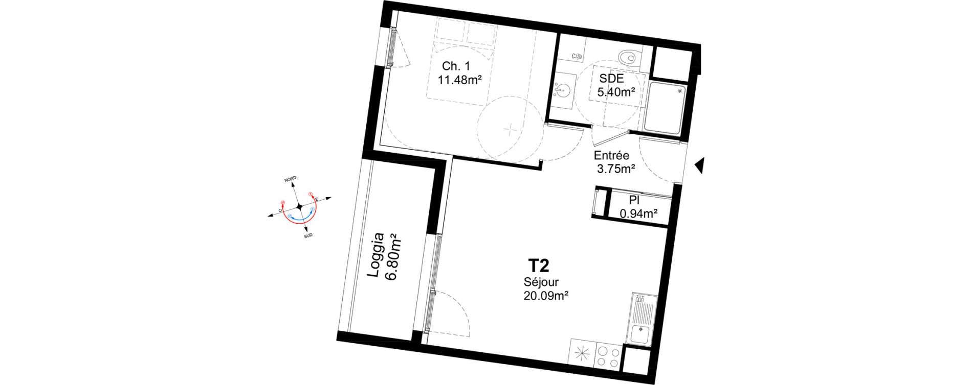 Appartement T2 de 41,66 m2 &agrave; Caen La gr&acirc;ce de dieu