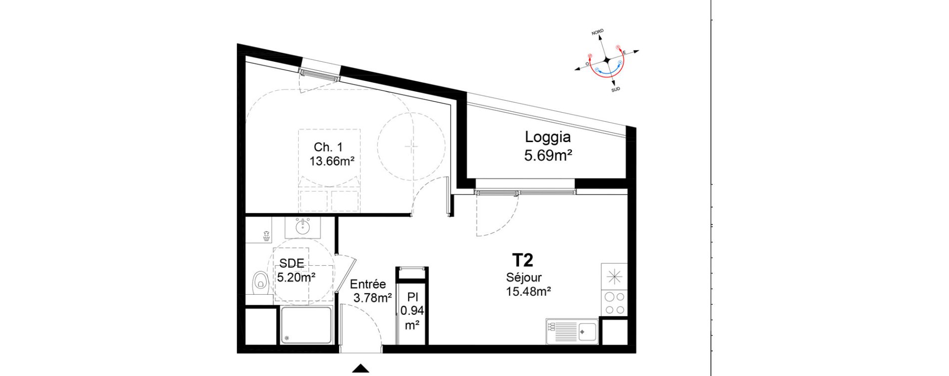 Appartement T2 de 39,06 m2 &agrave; Caen La gr&acirc;ce de dieu