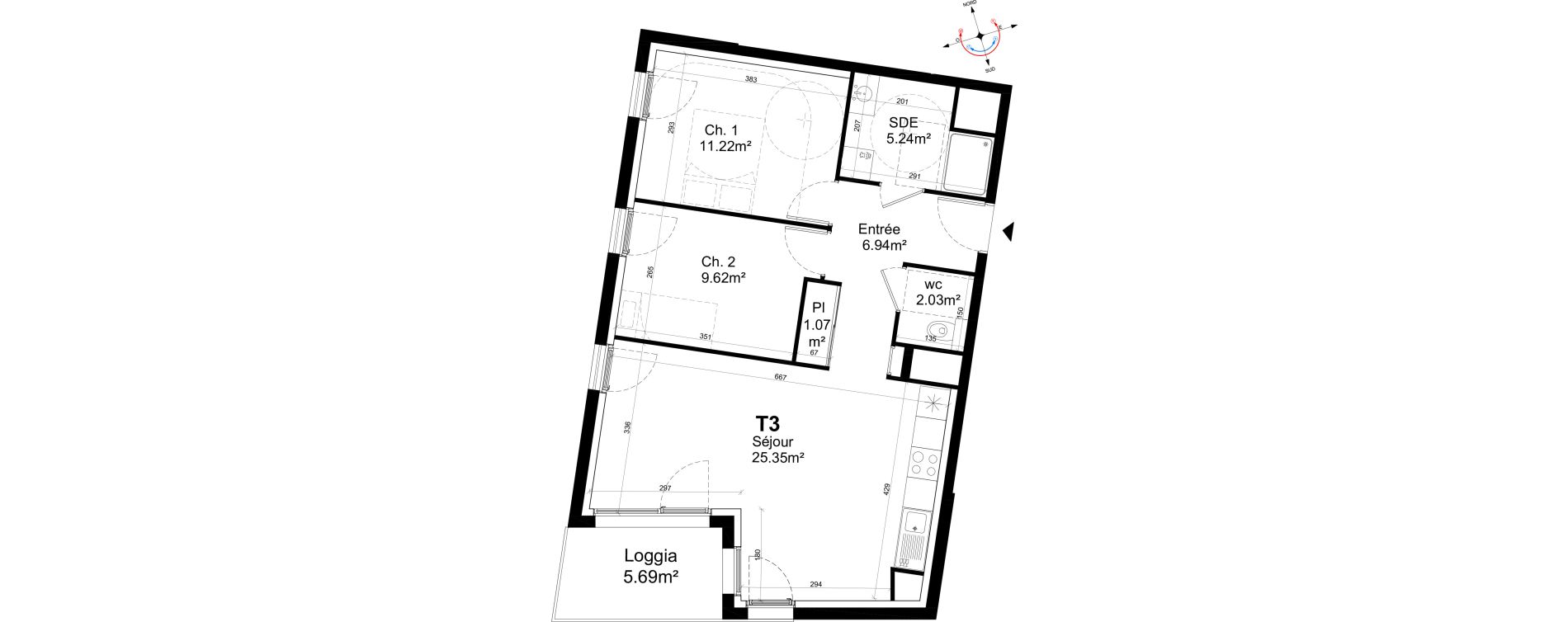 Appartement T3 de 61,47 m2 &agrave; Caen La gr&acirc;ce de dieu