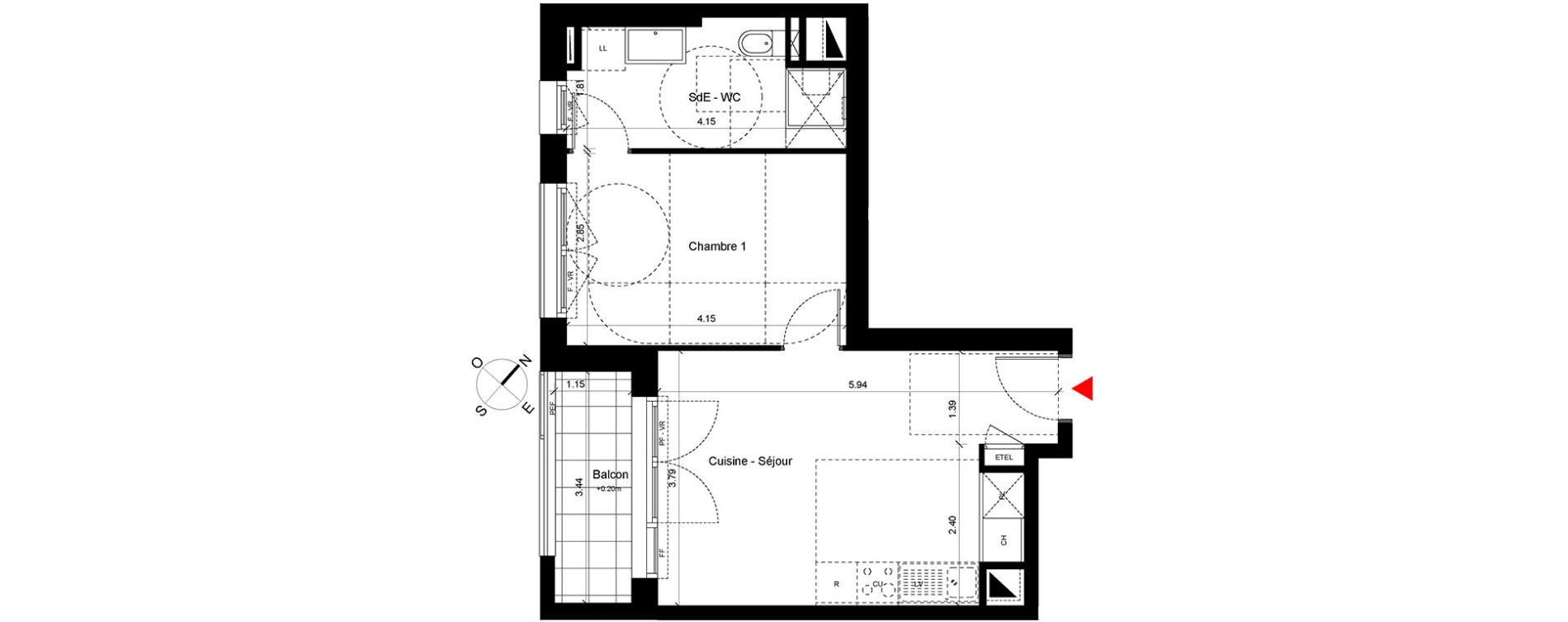 Appartement T2 de 39,45 m2 &agrave; Caen Hastings