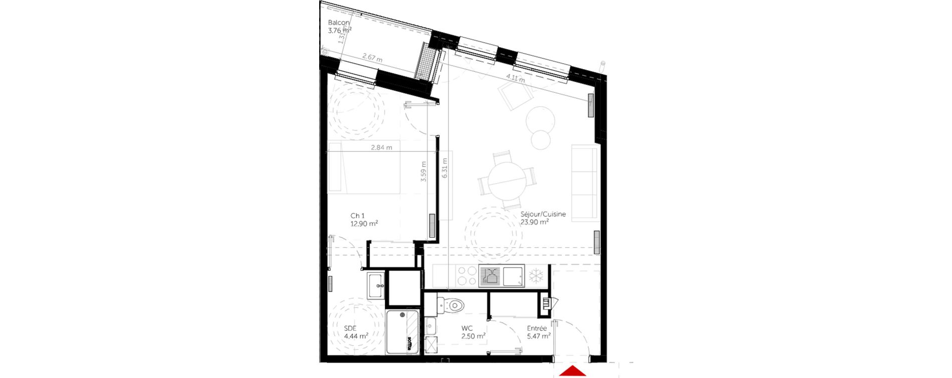 Appartement T2 de 49,21 m2 &agrave; Deauville Centre