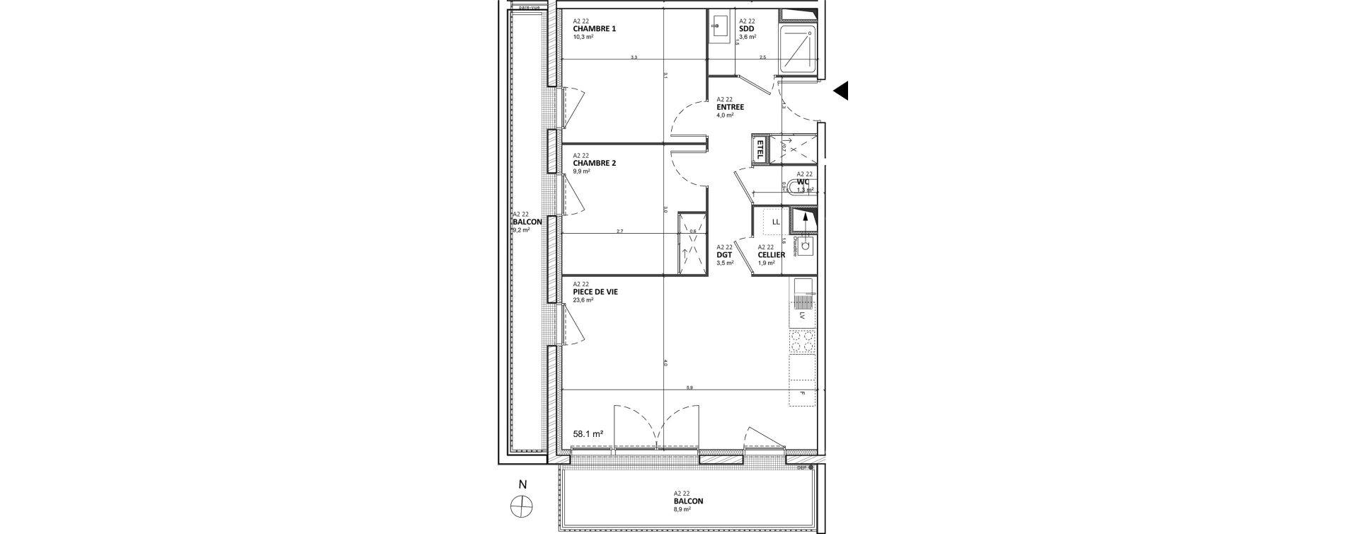 Appartement T3 de 58,10 m2 &agrave; &Eacute;pron Centre