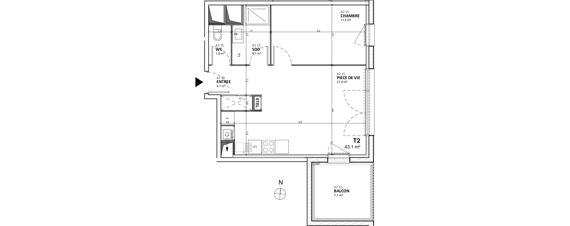 Appartement T2 de 43,10 m2 &agrave; &Eacute;pron Centre