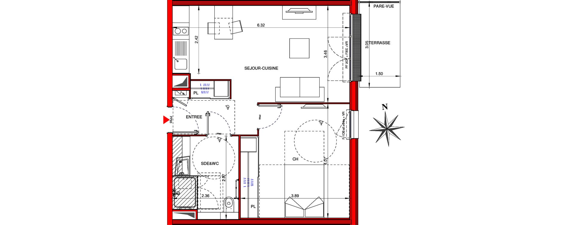 Appartement T2 meubl&eacute; de 46,50 m2 &agrave; Ifs Centre