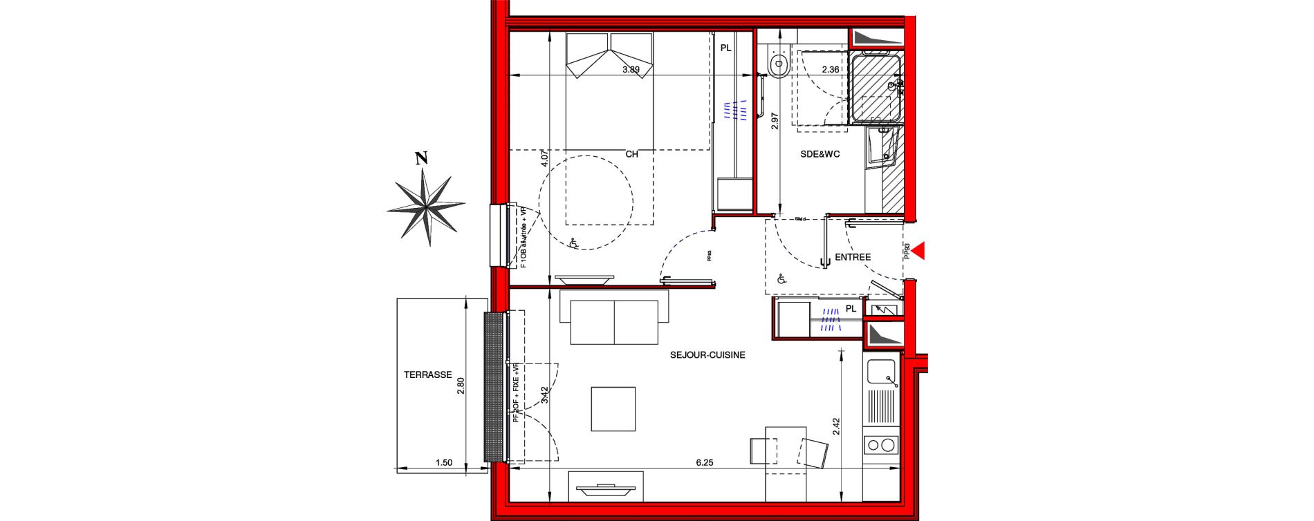 Appartement T2 meubl&eacute; de 46,00 m2 &agrave; Ifs Centre