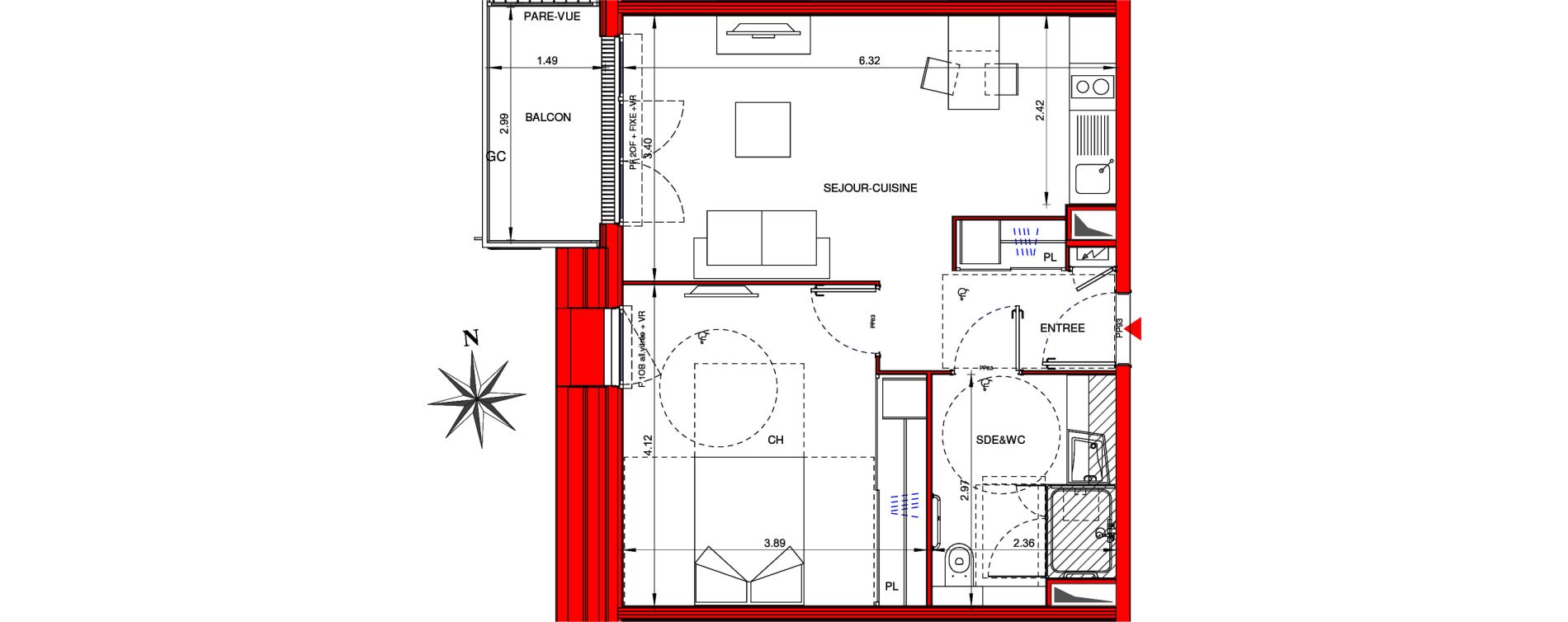 Appartement T2 meubl&eacute; de 46,30 m2 &agrave; Ifs Centre