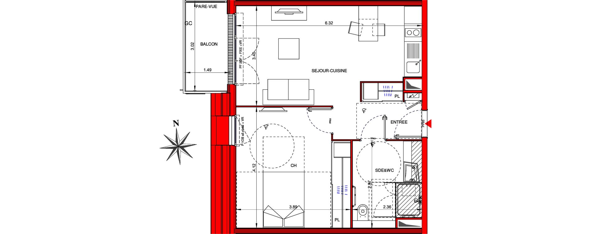 Appartement T2 meubl&eacute; de 46,30 m2 &agrave; Ifs Centre