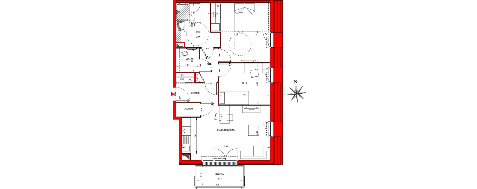Appartement T3 meubl&eacute; de 63,50 m2 &agrave; Ifs Centre