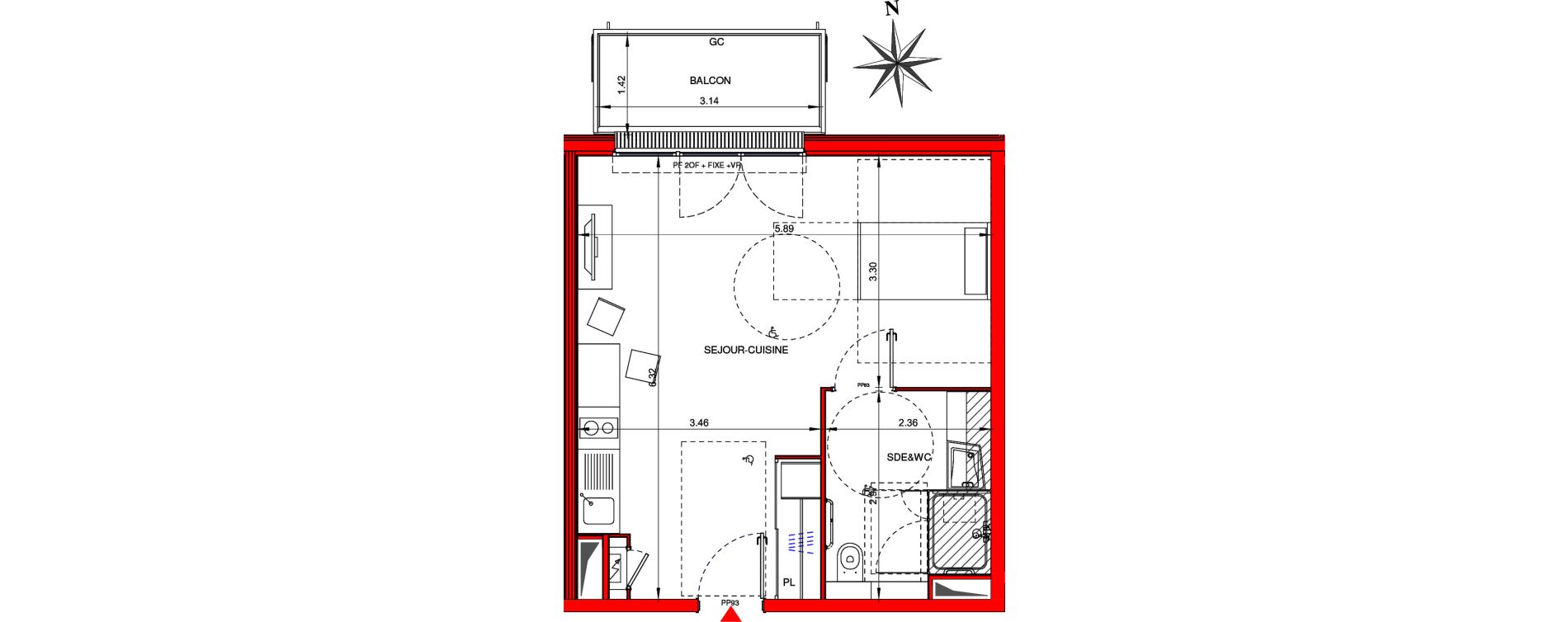 Appartement T1 meubl&eacute; de 35,90 m2 &agrave; Ifs Centre
