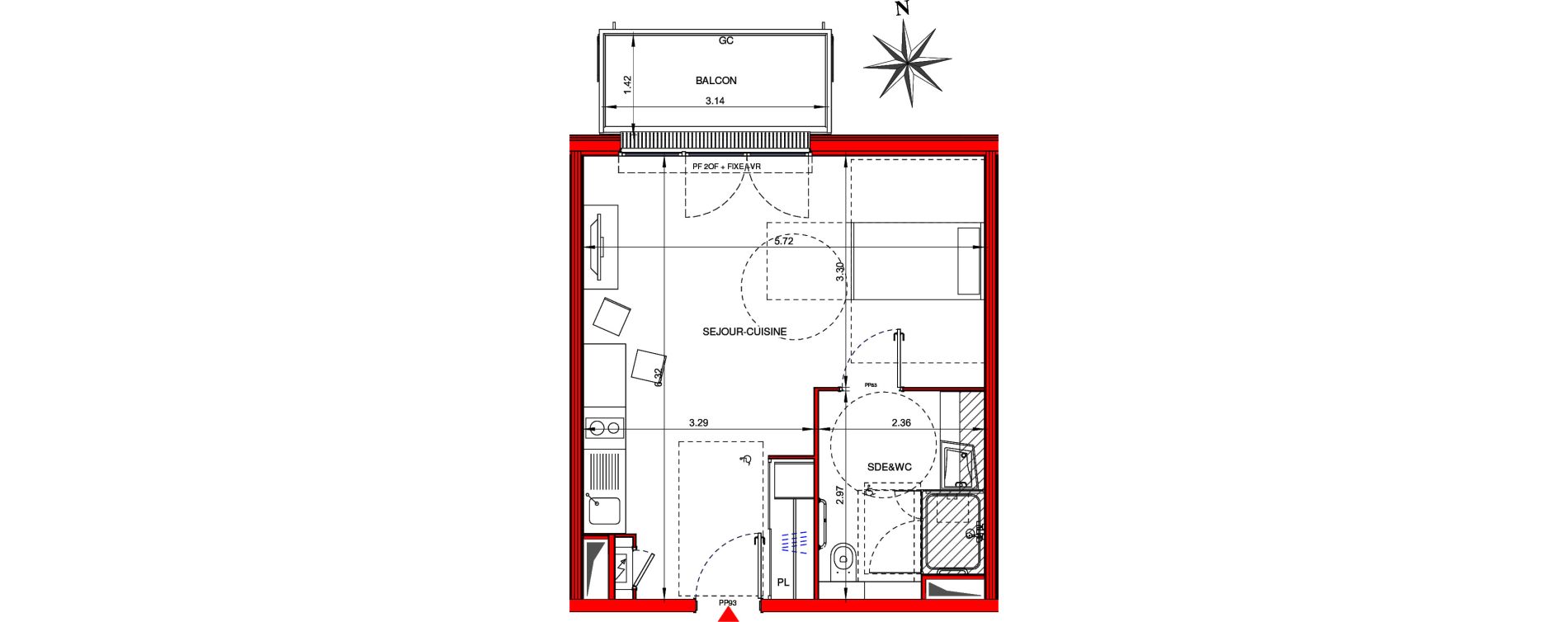 Appartement T1 meubl&eacute; de 34,80 m2 &agrave; Ifs Centre