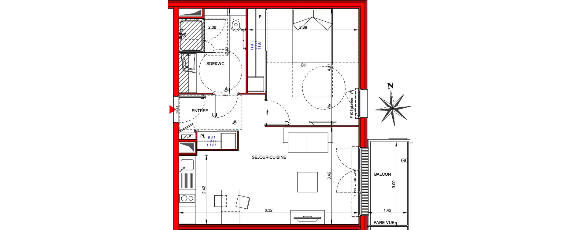 Appartement T2 meubl&eacute; de 46,40 m2 &agrave; Ifs Centre