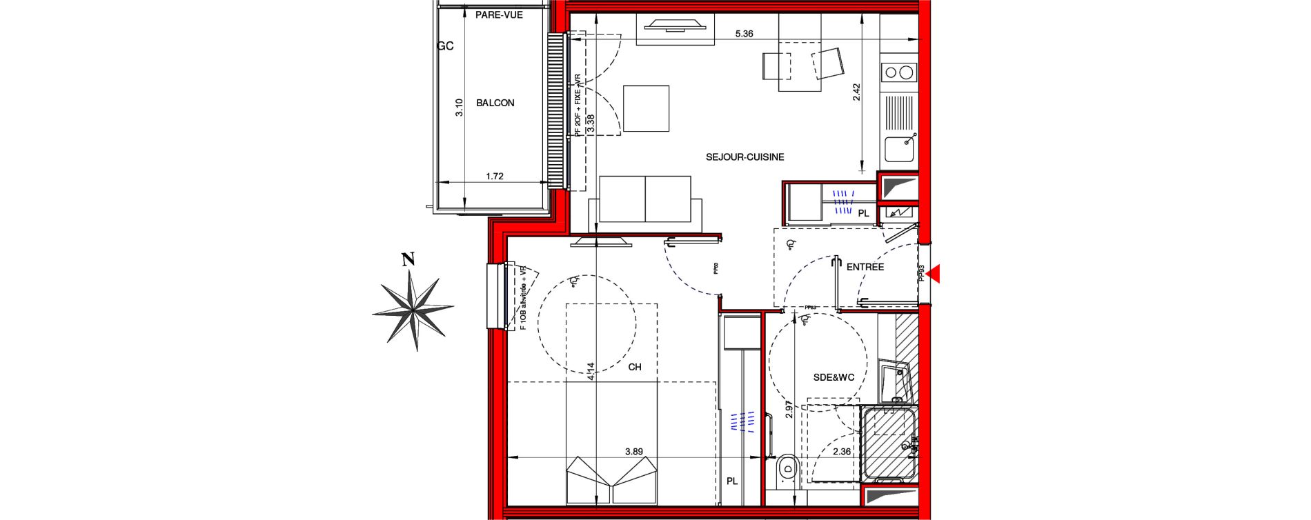 Appartement T2 meubl&eacute; de 43,00 m2 &agrave; Ifs Centre