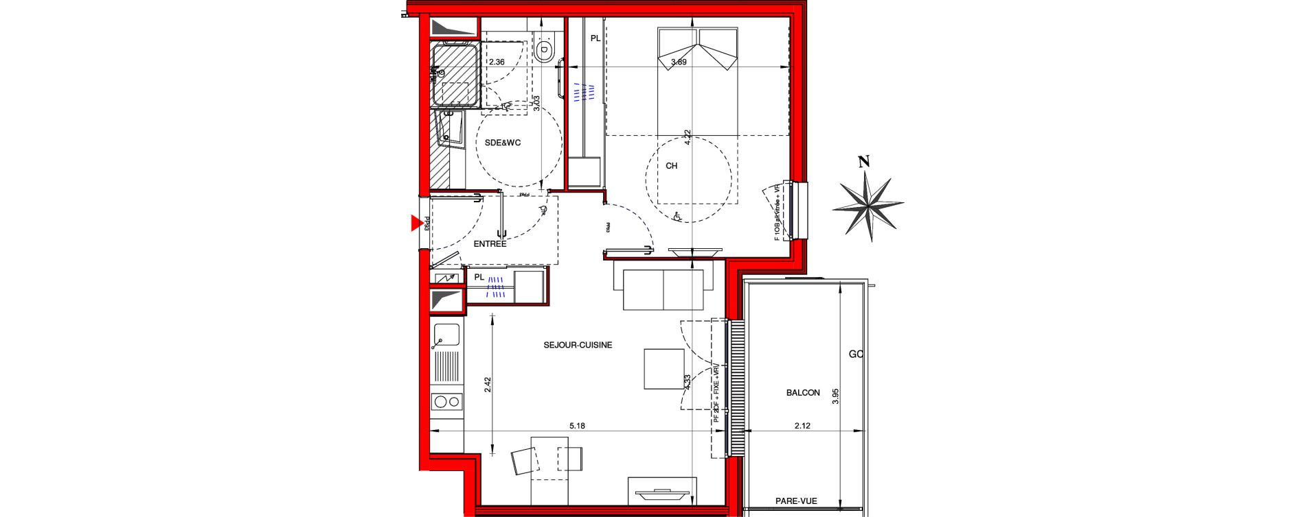 Appartement T2 meubl&eacute; de 46,80 m2 &agrave; Ifs Centre