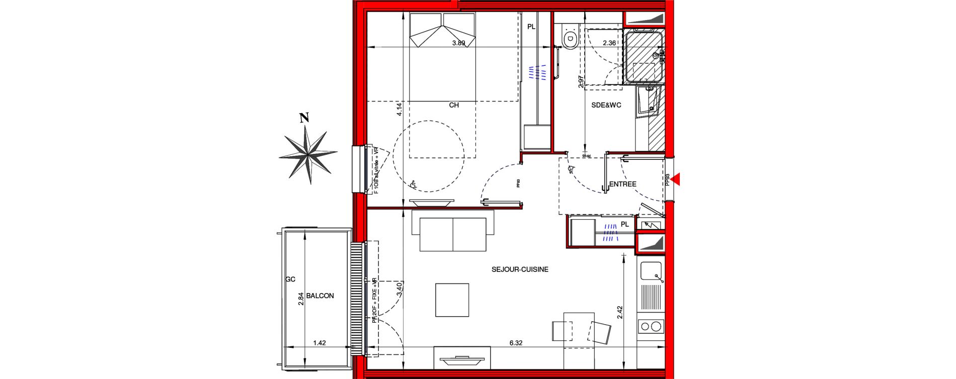 Appartement T2 meubl&eacute; de 46,30 m2 &agrave; Ifs Centre