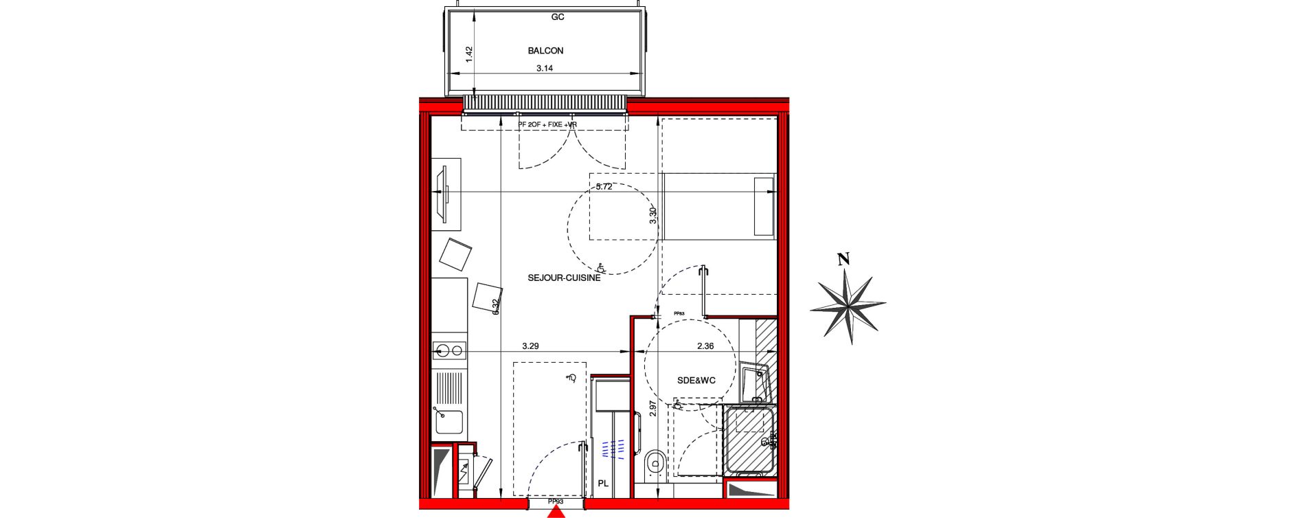 Appartement T1 meubl&eacute; de 34,80 m2 &agrave; Ifs Centre