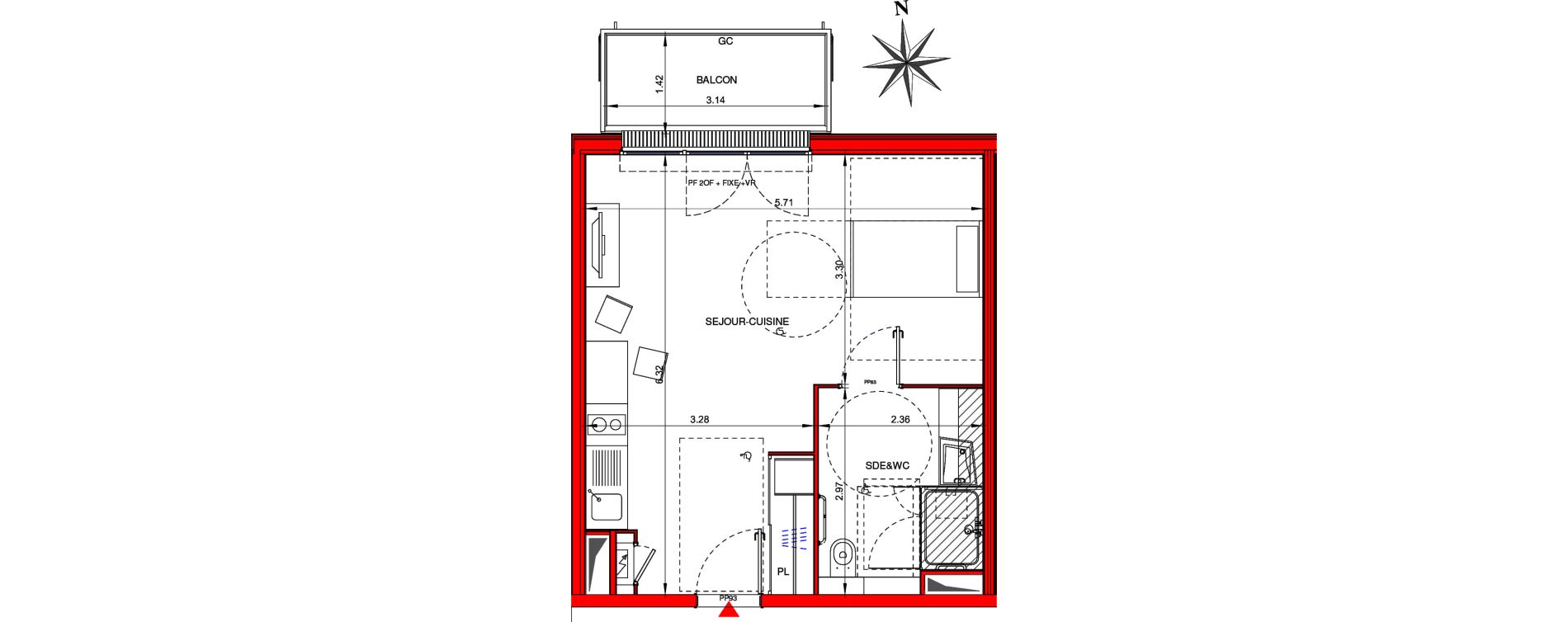 Appartement T1 meubl&eacute; de 34,70 m2 &agrave; Ifs Centre