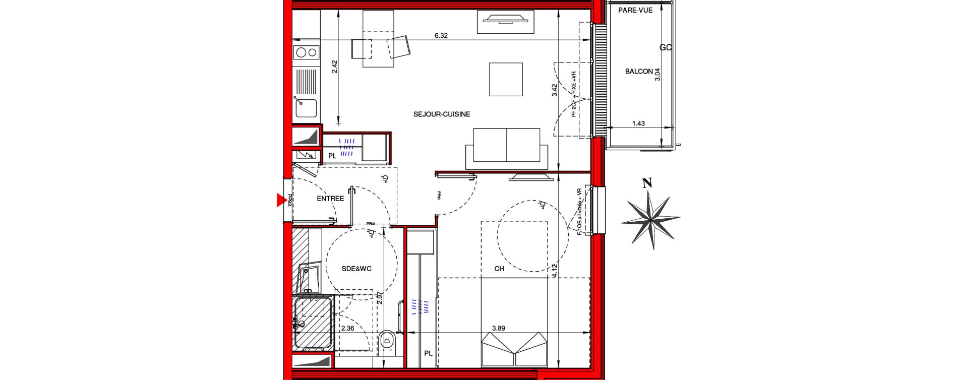 Appartement T2 meubl&eacute; de 46,40 m2 &agrave; Ifs Centre