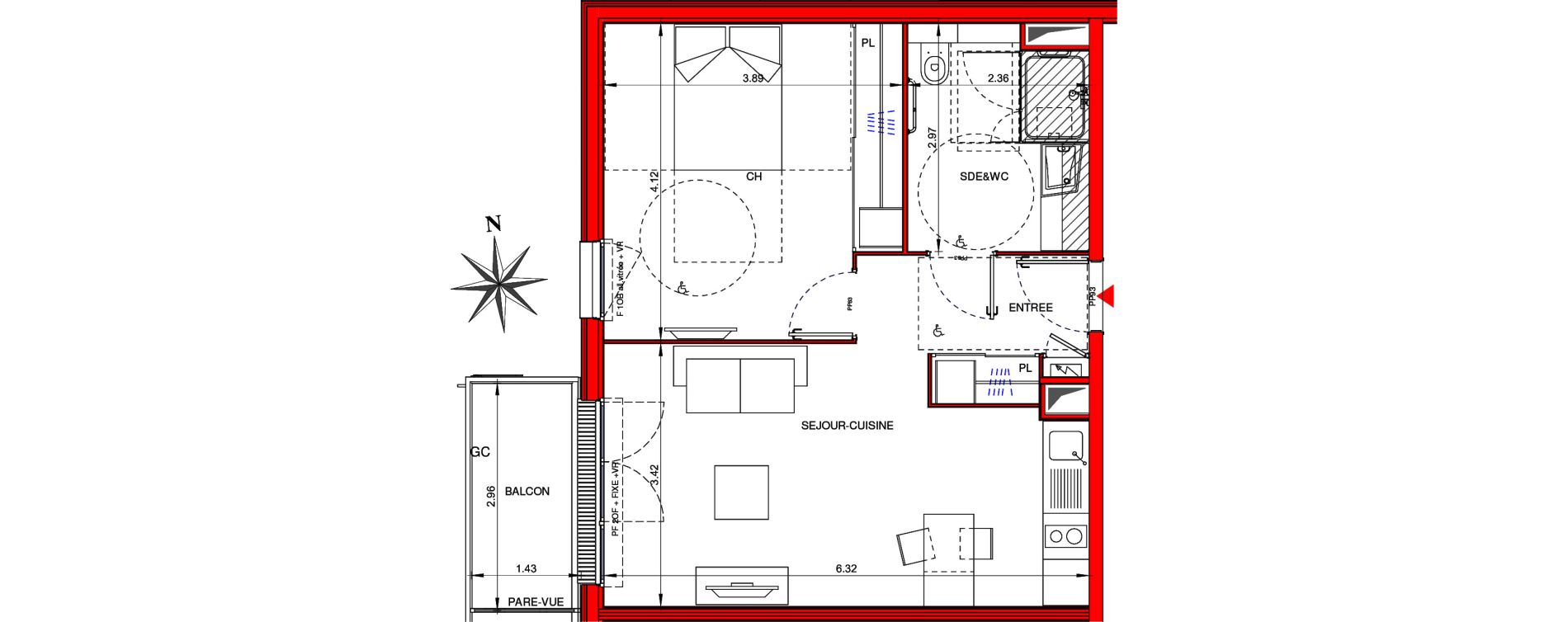 Appartement T2 meubl&eacute; de 46,40 m2 &agrave; Ifs Centre