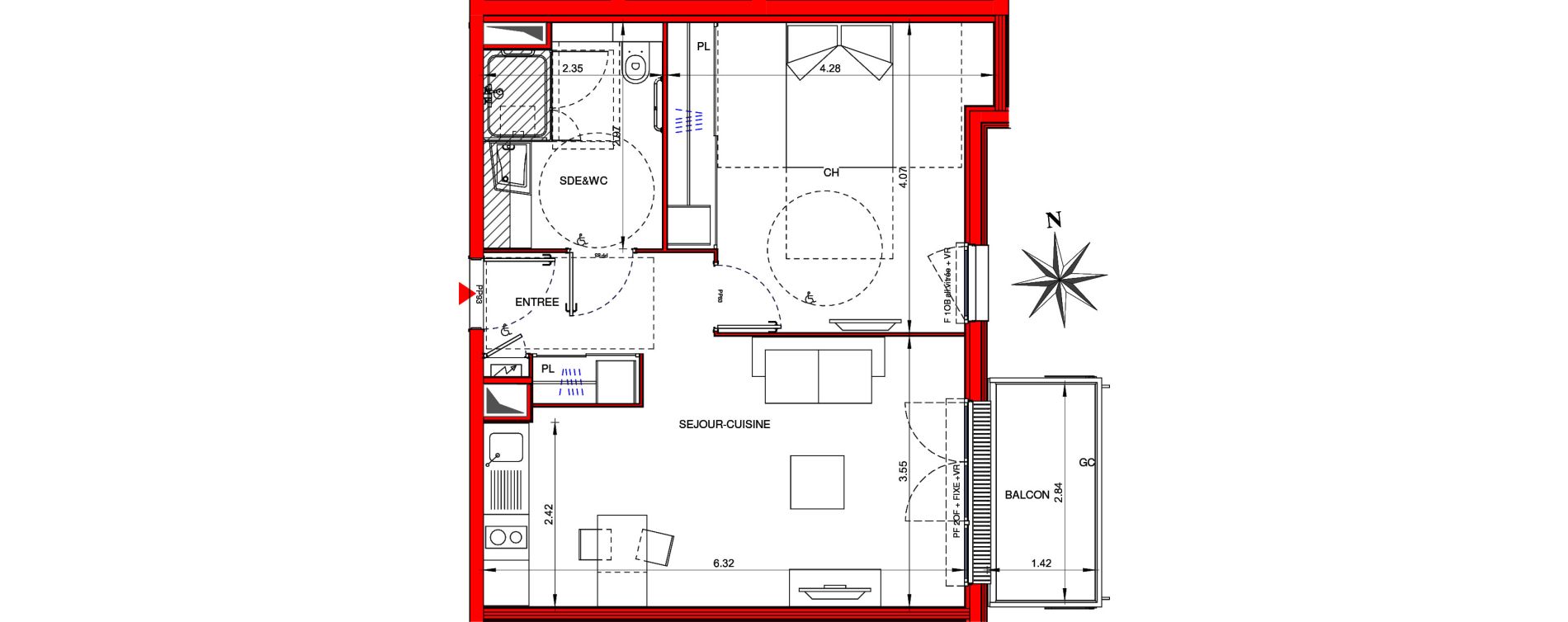 Appartement T2 meubl&eacute; de 47,40 m2 &agrave; Ifs Centre