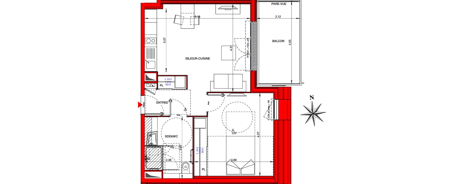 Appartement T2 meubl&eacute; de 46,80 m2 &agrave; Ifs Centre