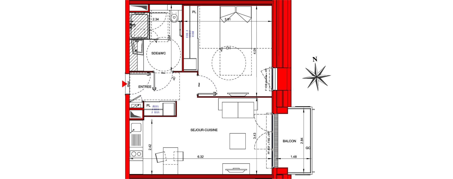 Appartement T2 meubl&eacute; de 46,10 m2 &agrave; Ifs Centre