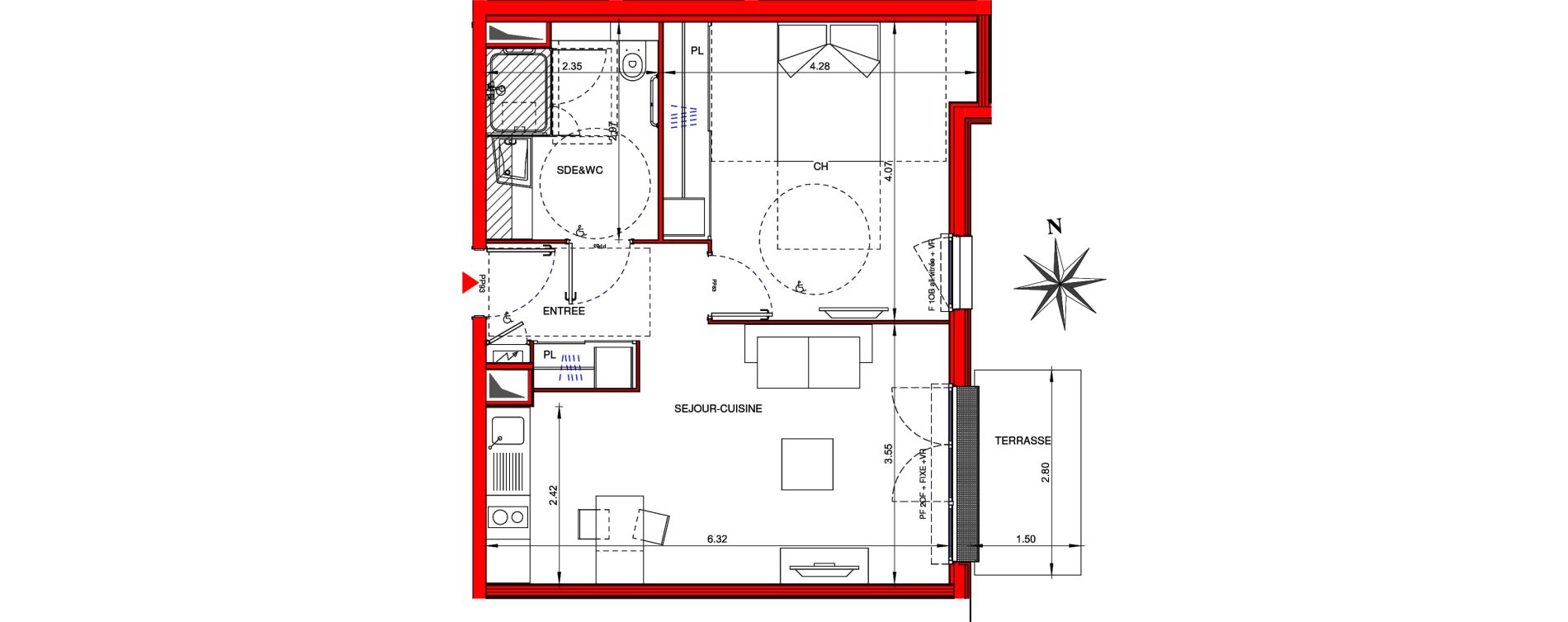 Appartement T2 meubl&eacute; de 47,40 m2 &agrave; Ifs Centre
