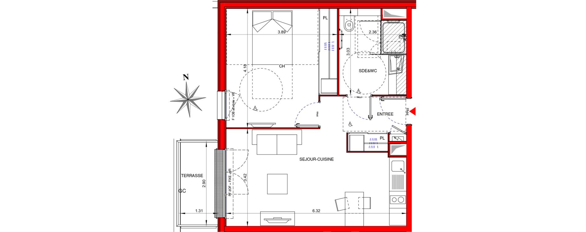 Appartement T2 meubl&eacute; de 46,70 m2 &agrave; Ifs Centre