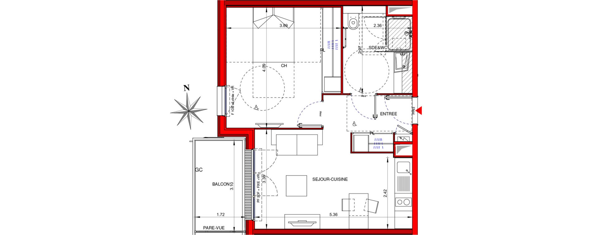 Appartement T2 meubl&eacute; de 42,80 m2 &agrave; Ifs Centre