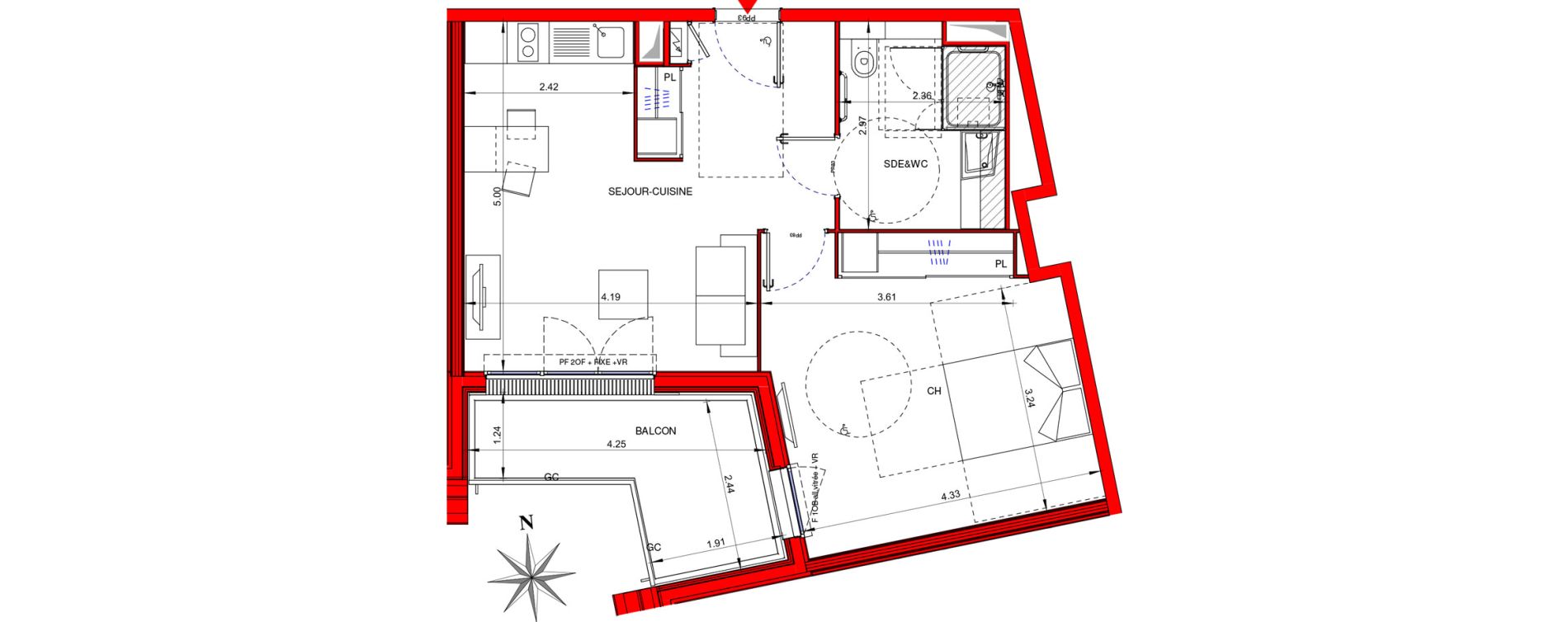 Appartement T2 meubl&eacute; de 48,40 m2 &agrave; Ifs Centre