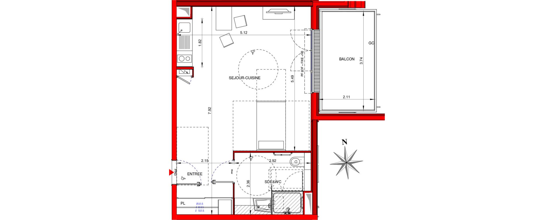 Appartement T1 meubl&eacute; de 39,40 m2 &agrave; Ifs Centre