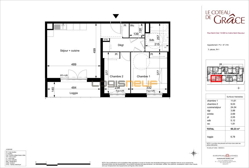 Appartement T3 de 60.23 m2 RDC S Le Coteau de Grâce La RivièreSaint