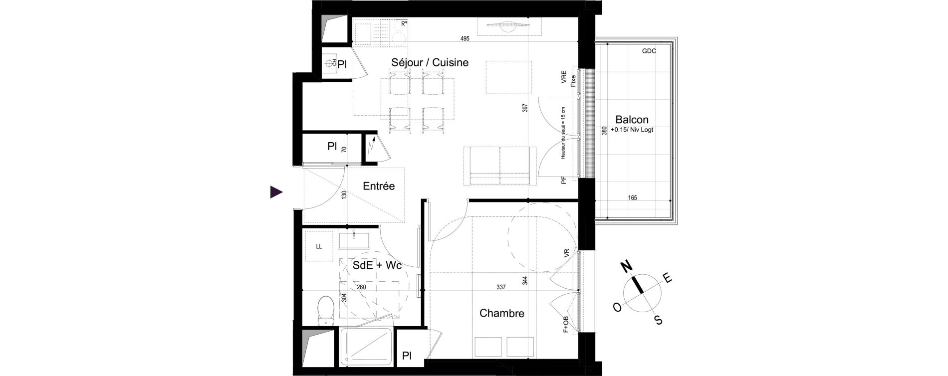 Appartement T2 de 42,77 m2 &agrave; Mondeville Vall&eacute;e barrey - piscine - madelaine