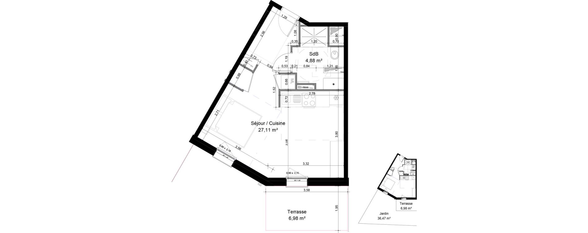 Appartement T1 de 31,99 m2 &agrave; Mondeville Centre