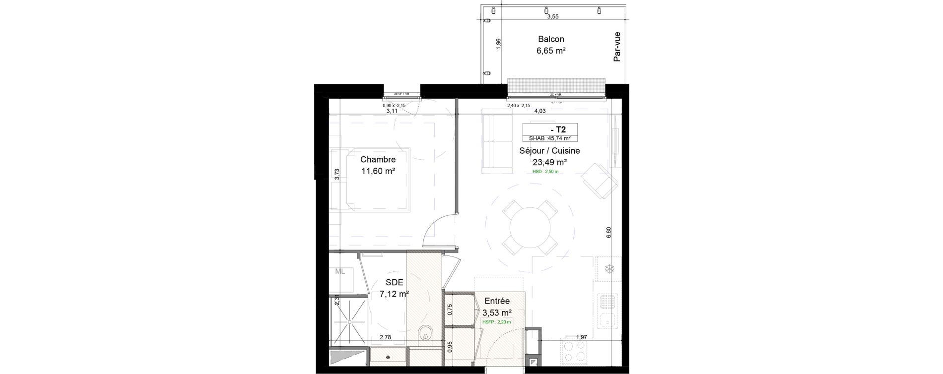 Appartement T2 de 45,74 m2 &agrave; Mondeville Centre