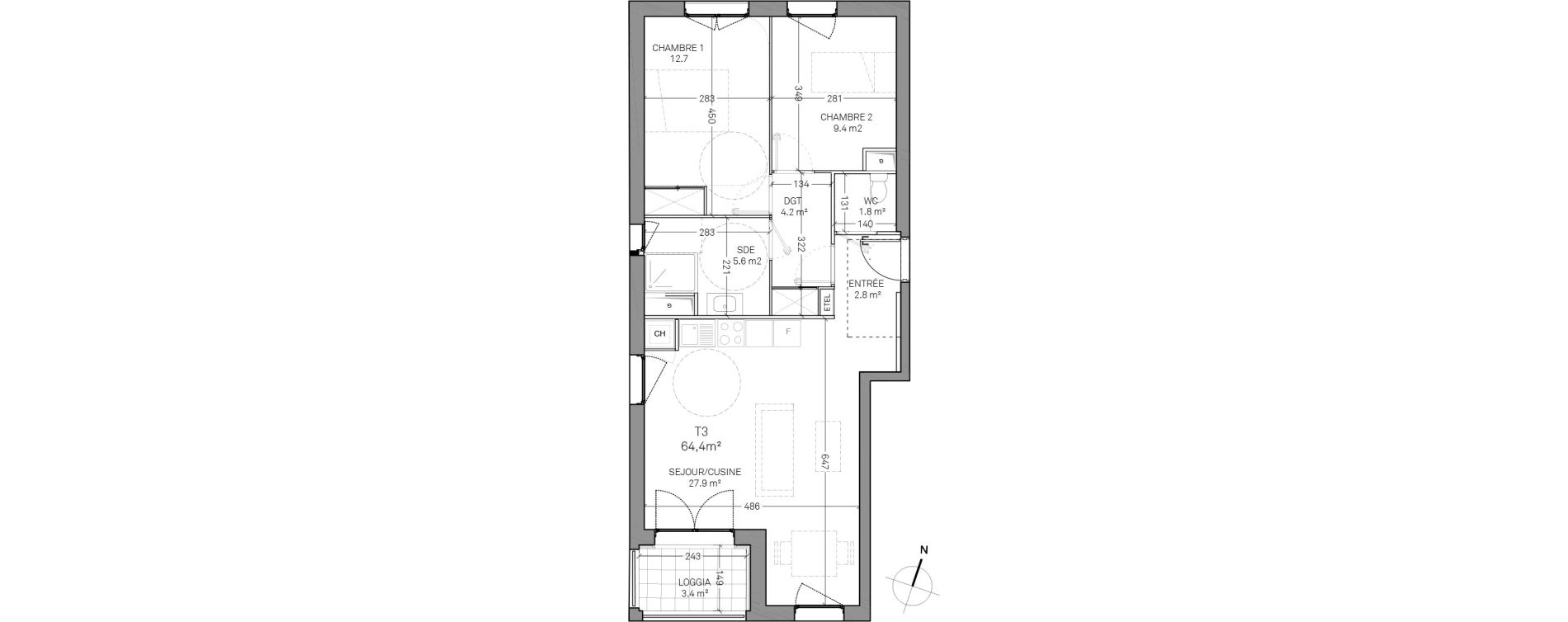 Appartement T3 de 64,40 m2 &agrave; Verson Centre