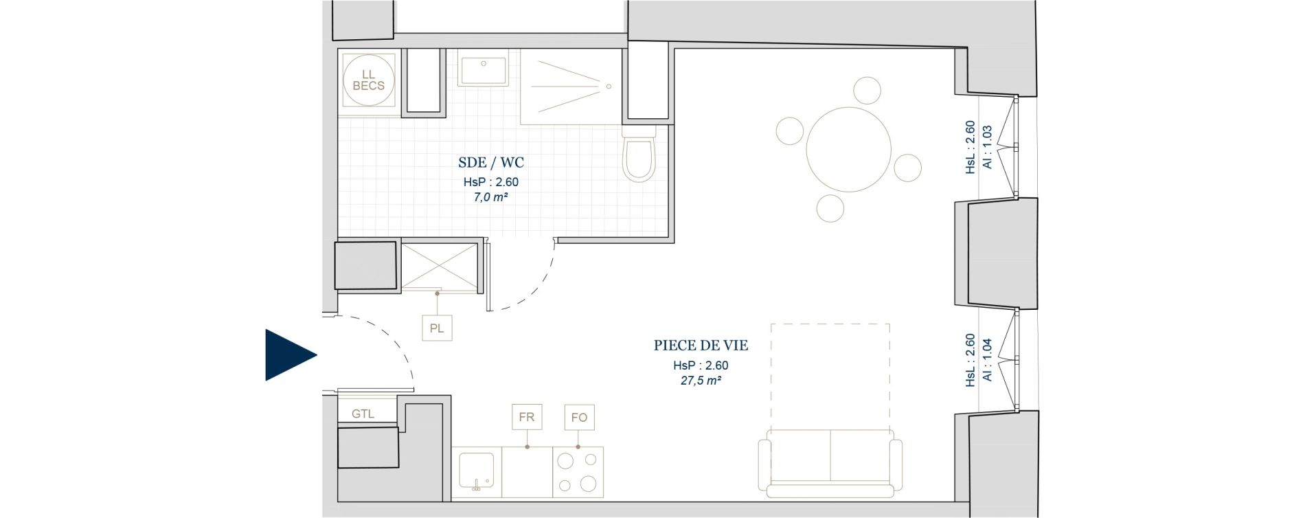 Appartement T1 de 34,50 m2 &agrave; Vire Centre