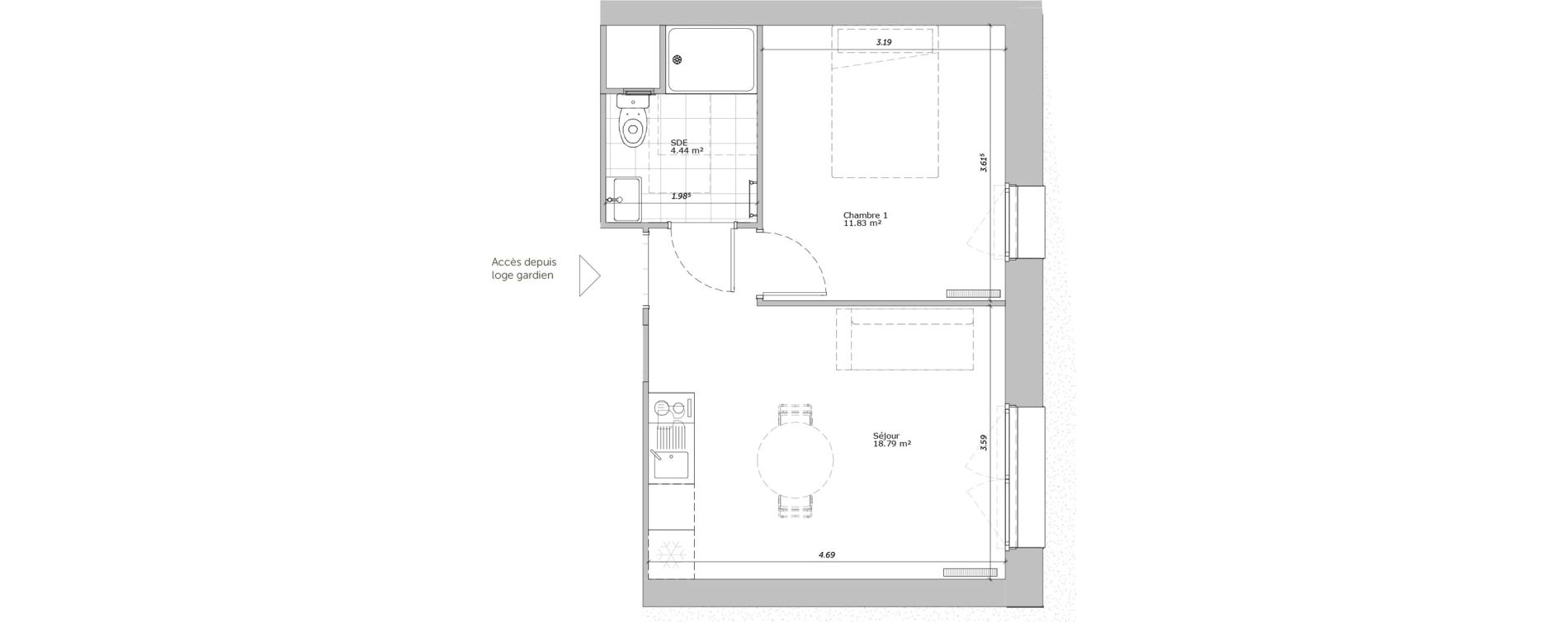 Duplex T2 de 35,06 m2 &agrave; Louviers Centre