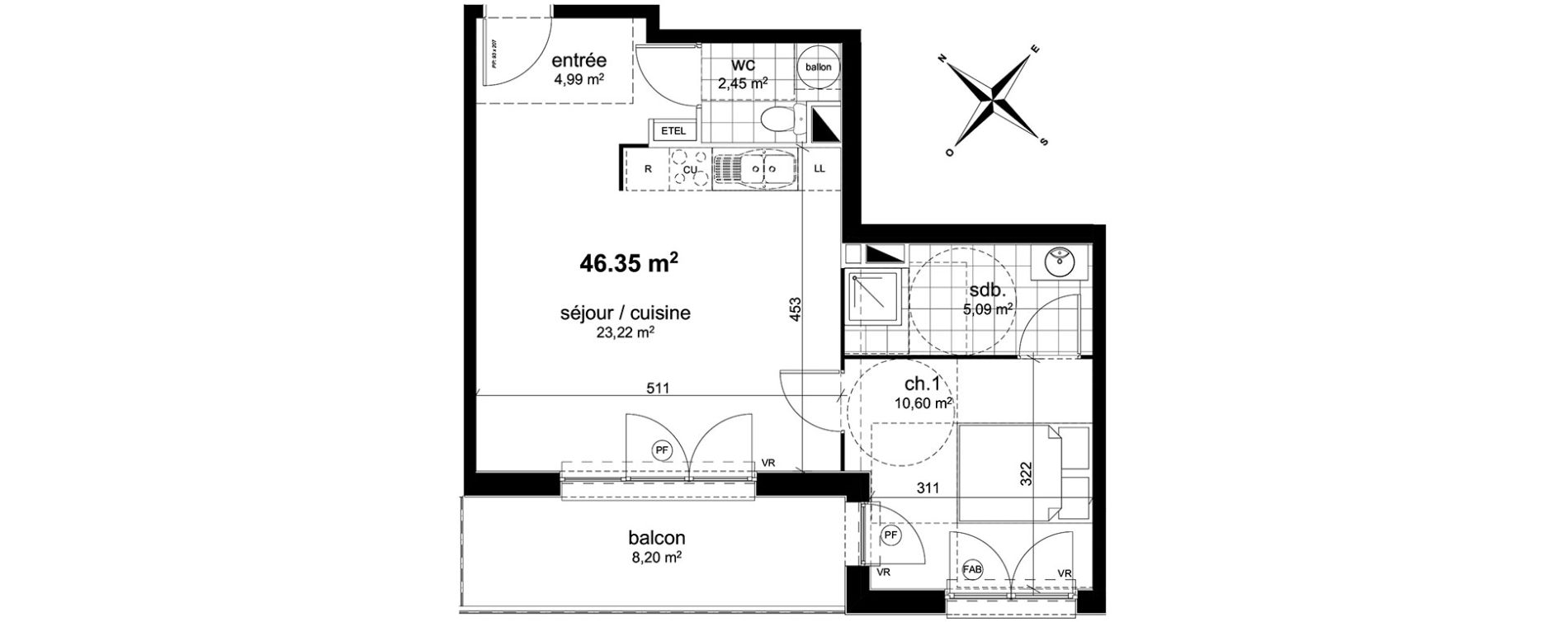 Appartement T2 de 46,35 m2 &agrave; Darn&eacute;tal Centre