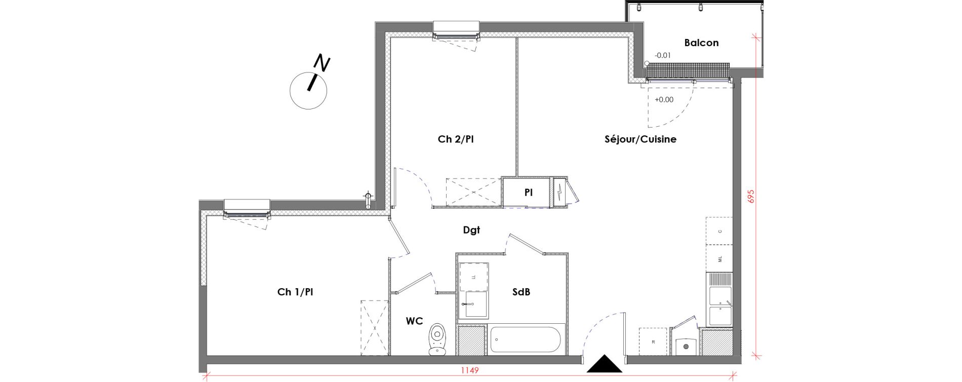 Appartement T3 de 59,63 m2 &agrave; D&eacute;ville-L&egrave;s-Rouen Centre