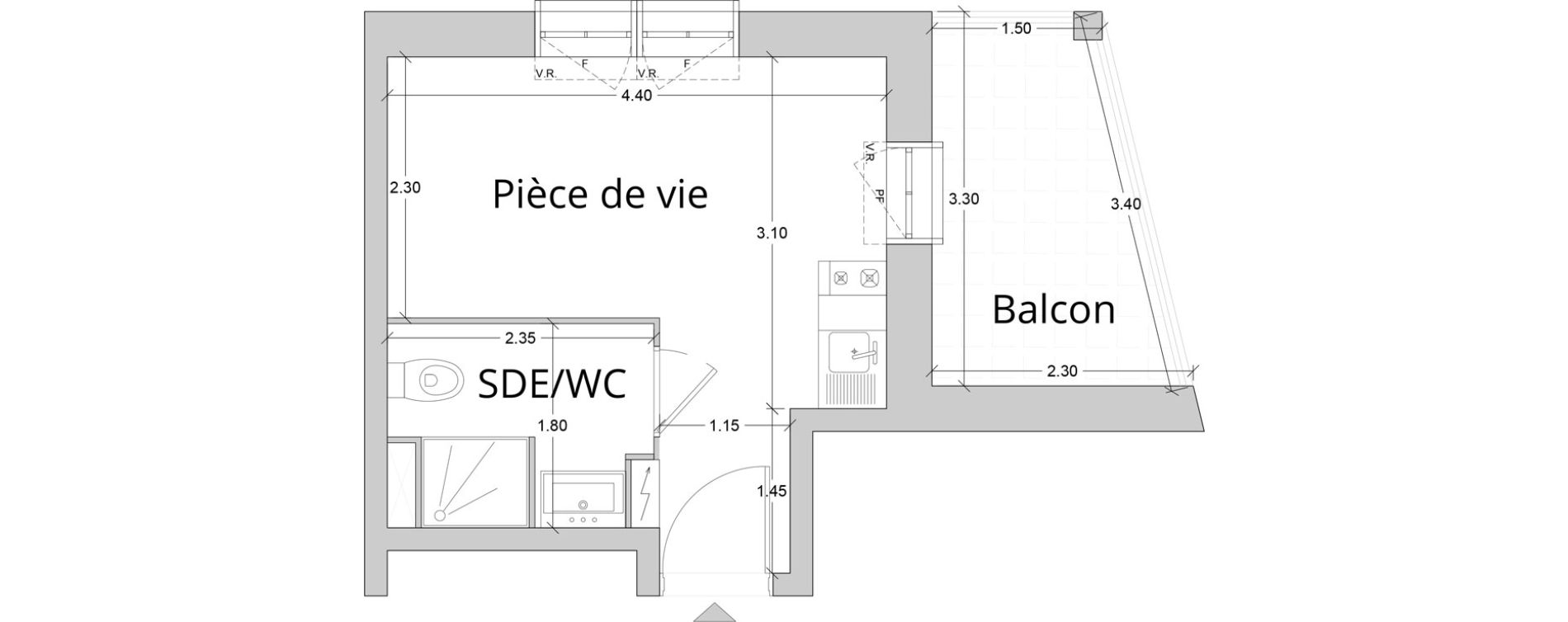 Appartement T1 meubl&eacute; de 17,39 m2 au Havre Les docks