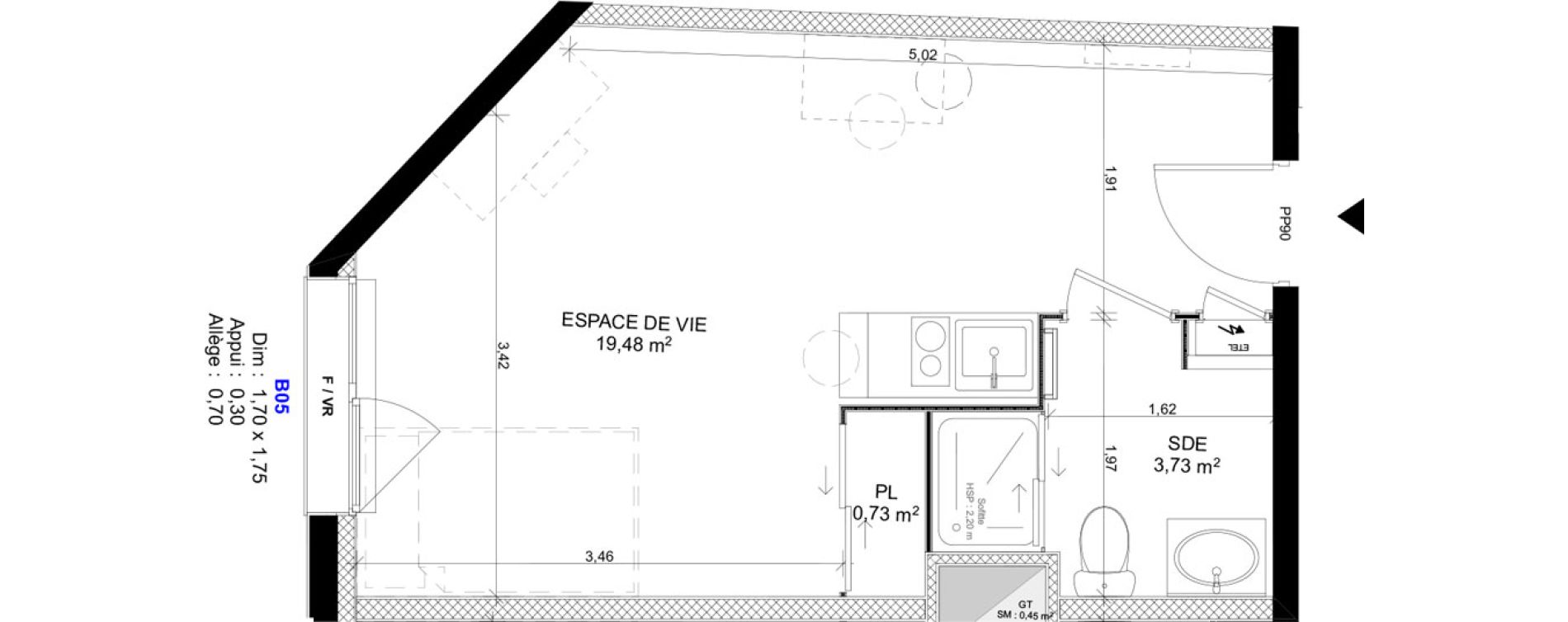 Appartement T1 meubl&eacute; de 23,94 m2 au Havre Sainte marie - saint leon