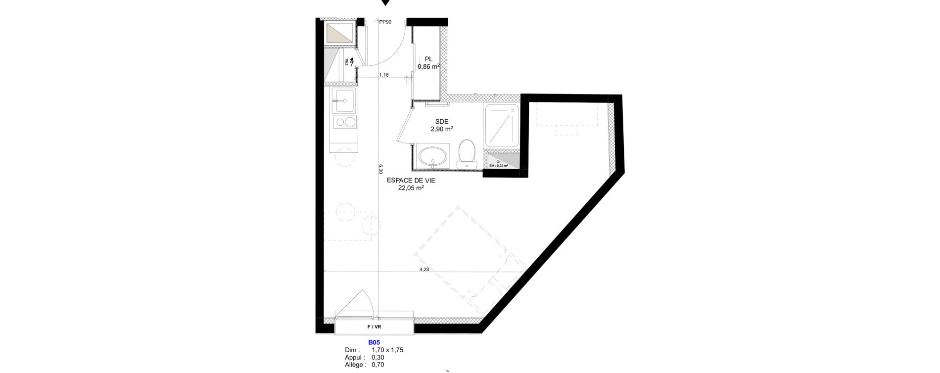 Appartement T1 meubl&eacute; de 25,81 m2 au Havre Sainte marie - saint leon