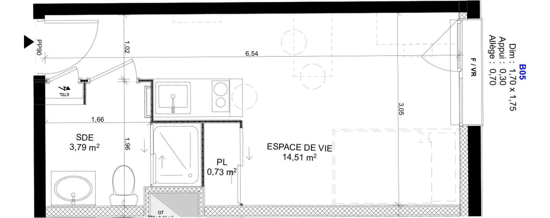 Appartement T1 meubl&eacute; de 19,03 m2 au Havre Sainte marie - saint leon