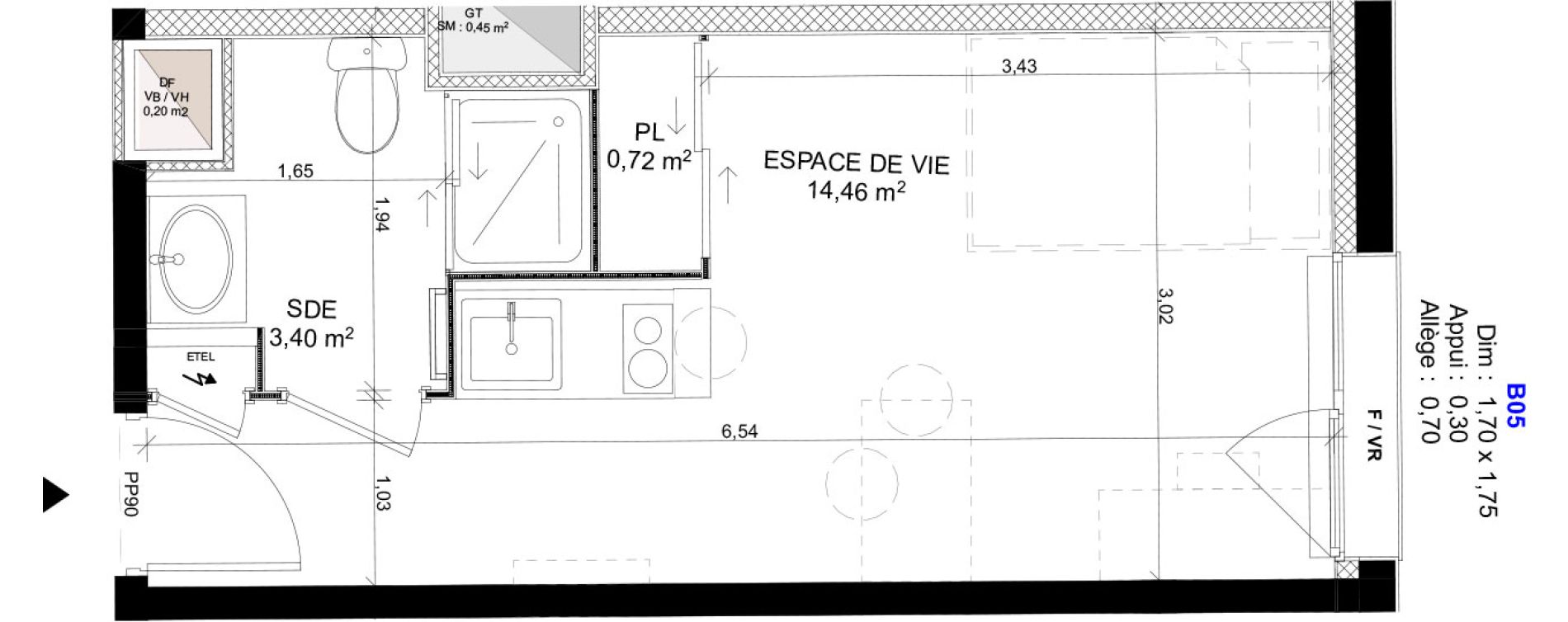 Appartement T1 meubl&eacute; de 18,58 m2 au Havre Sainte marie - saint leon