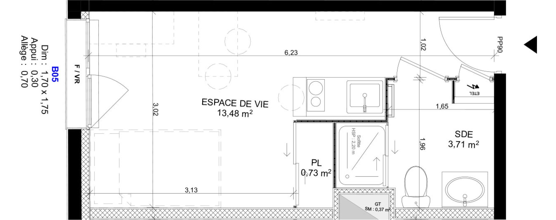 Appartement T1 meubl&eacute; de 17,92 m2 au Havre Sainte marie - saint leon