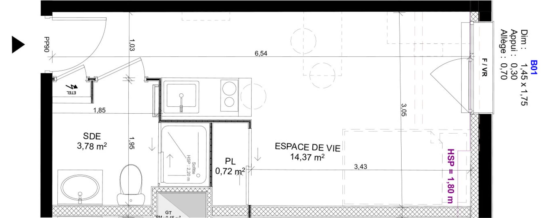 Appartement T1 meubl&eacute; de 18,87 m2 au Havre Sainte marie - saint leon