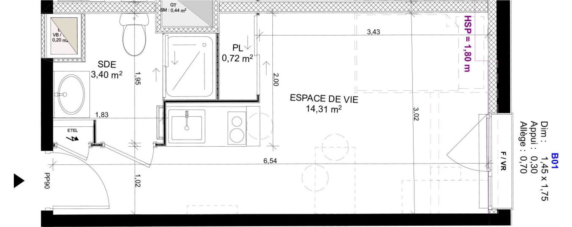 Appartement T1 meubl&eacute; de 18,43 m2 au Havre Sainte marie - saint leon