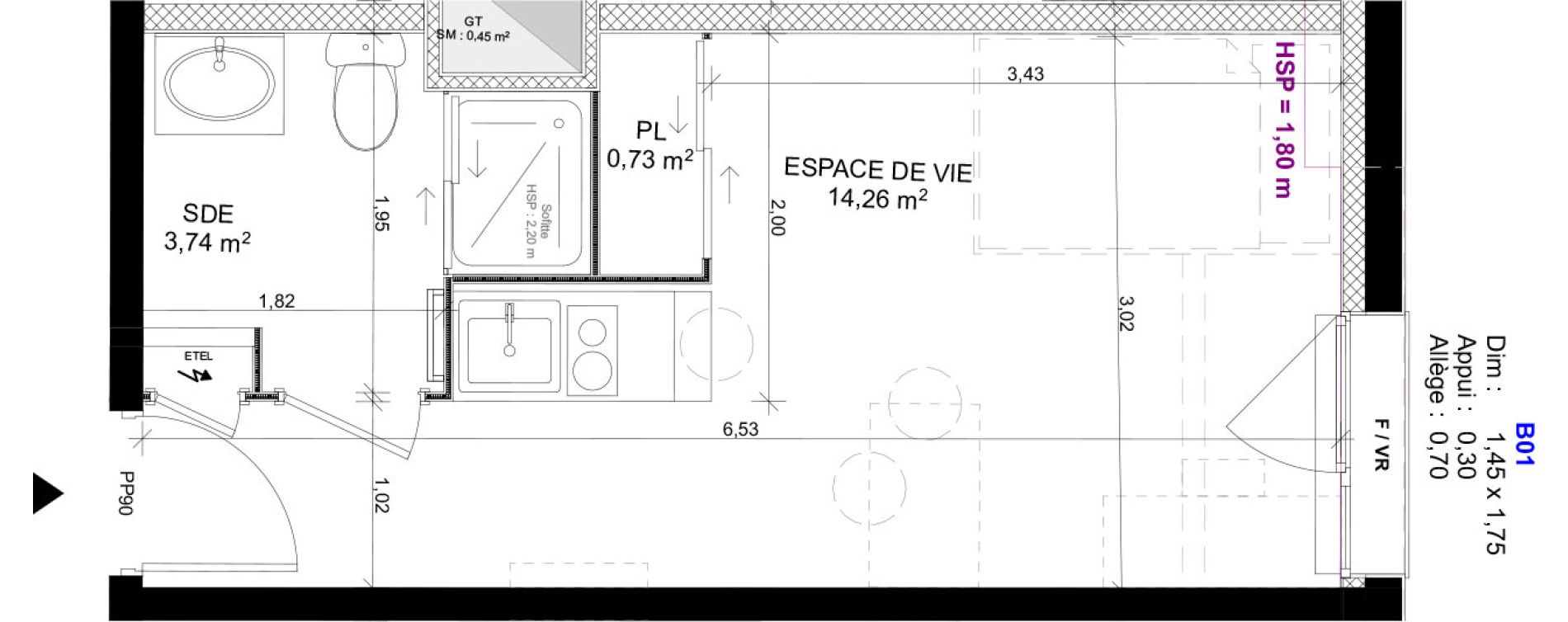 Appartement T1 meubl&eacute; de 18,73 m2 au Havre Sainte marie - saint leon
