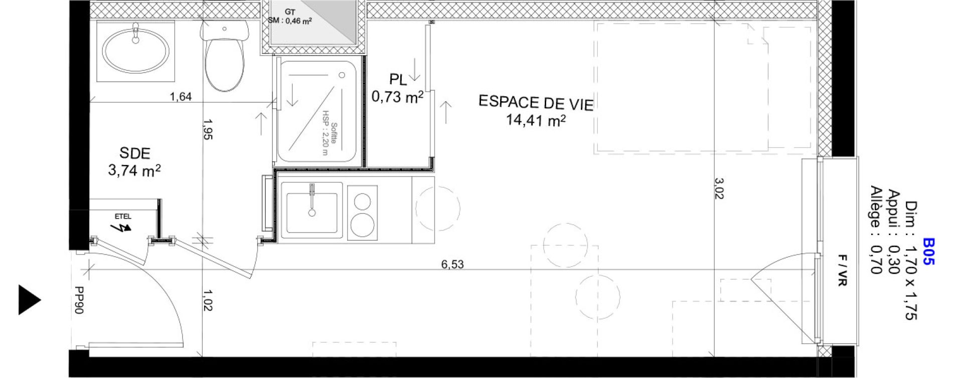 Appartement T1 meubl&eacute; de 18,88 m2 au Havre Sainte marie - saint leon